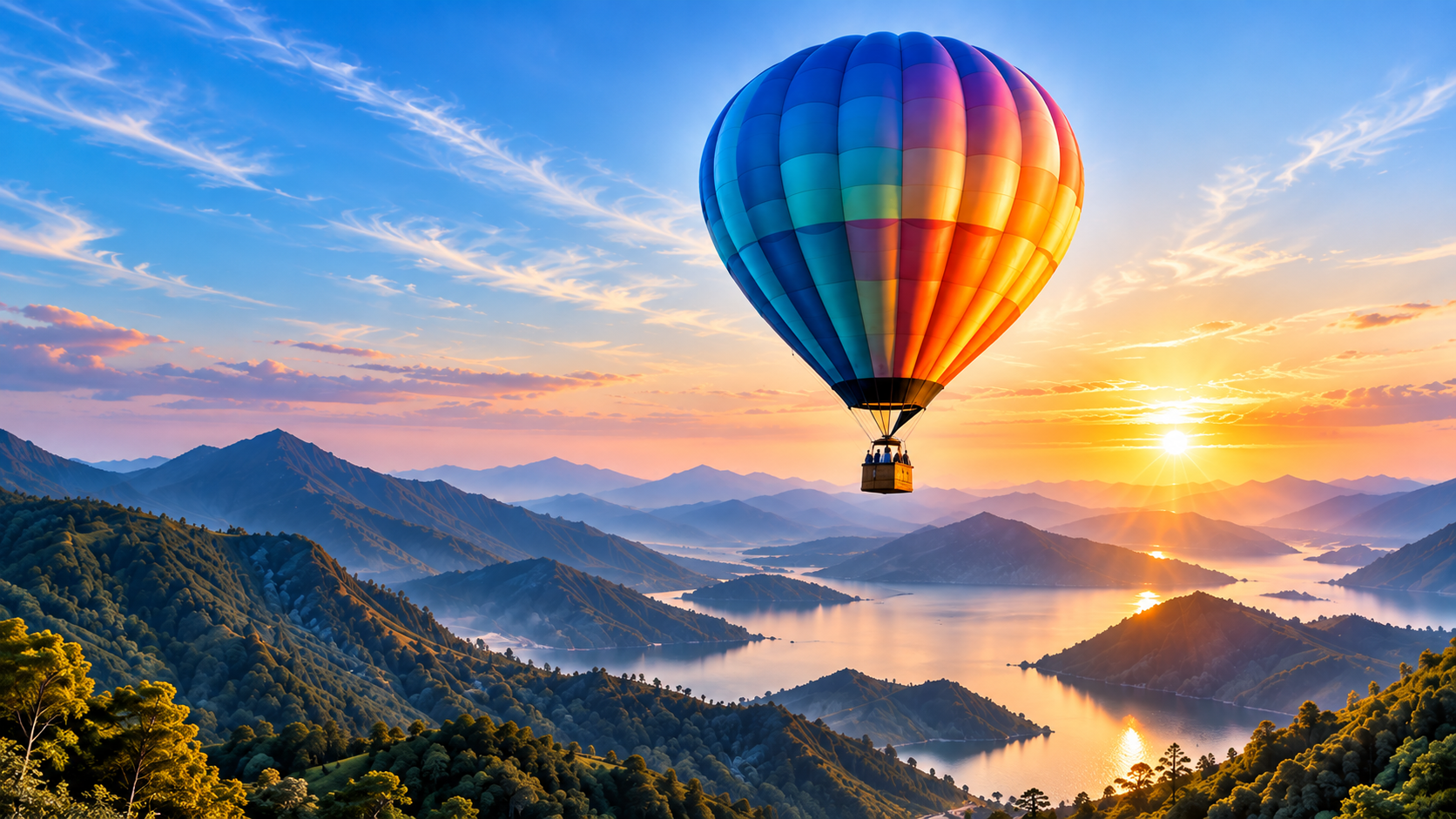 Hot air balloon over mountains